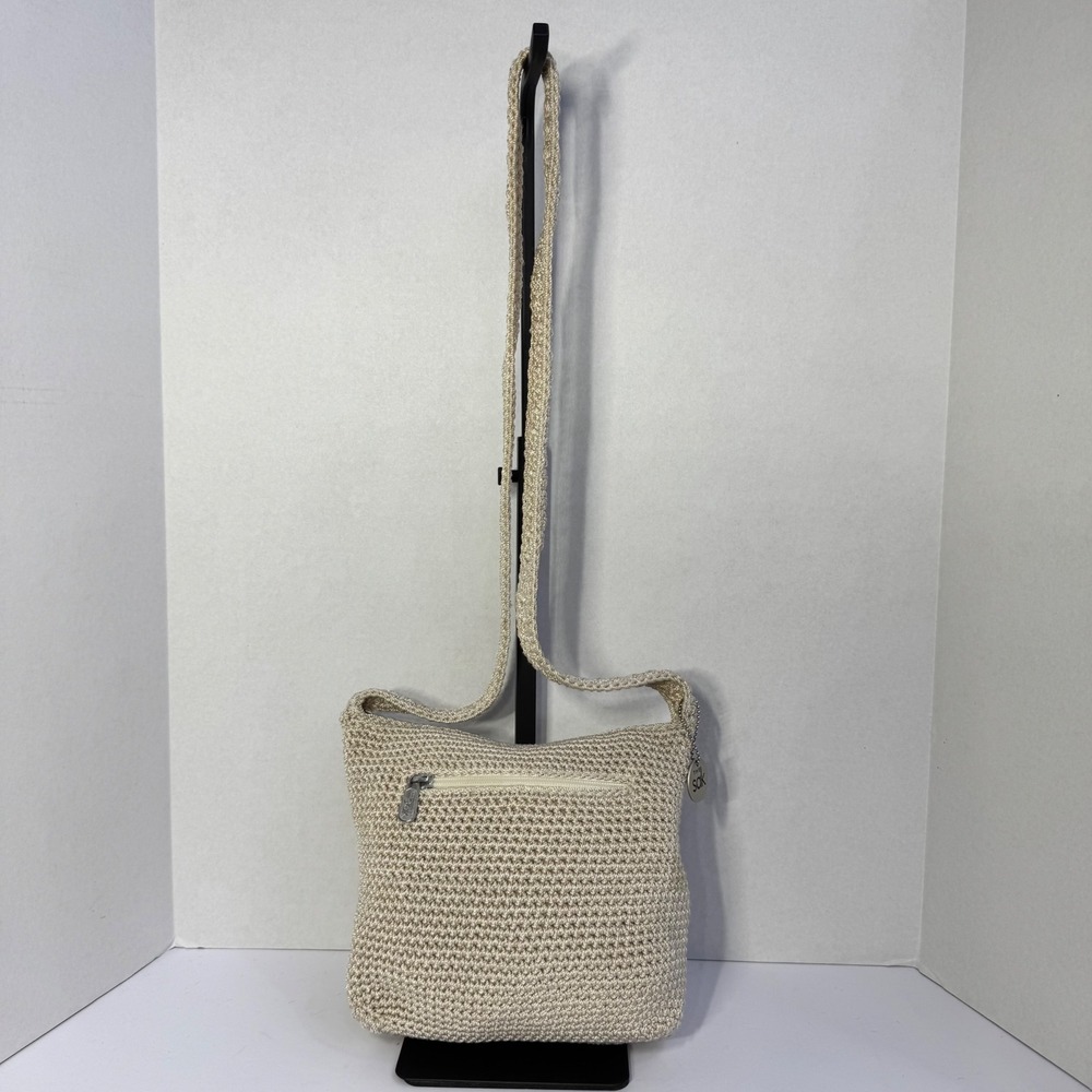 The Sak Crochet Crossbody Bag Cream Beige Front Zip Pocket Small Boho Purse EUC